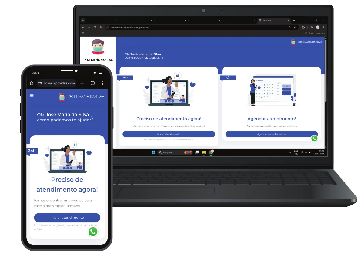 Plataforma Nipovidas exibida em um notebook e em um celular, com as opções de atendimento imediato e agendamento